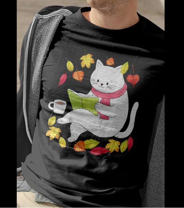 Funny Autumn Cat With Maple Leaves And Coffee Reading Book T-Shirt