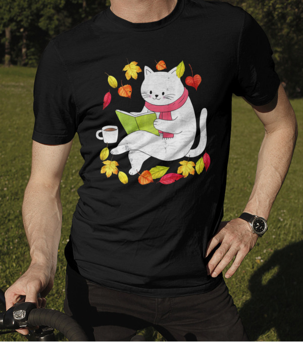 Funny Autumn Cat With Maple Leaves And Coffee Reading Book T-Shirt