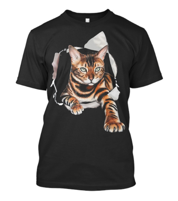 Bengal Cat Clawing Through Torn Paper Background T-Shirt