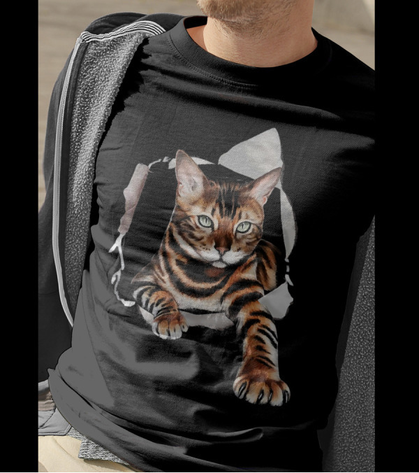 Bengal Cat Clawing Through Torn Paper Background T-Shirt