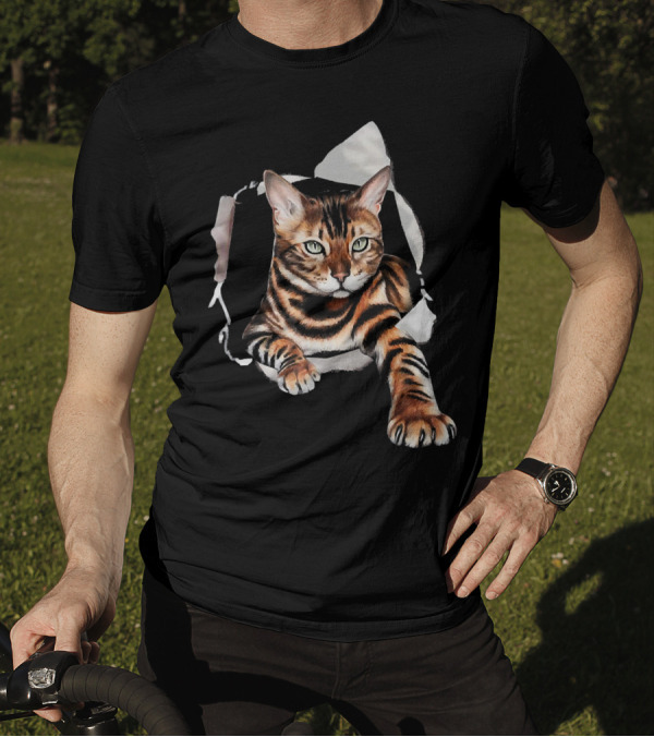 Bengal Cat Clawing Through Torn Paper Background T-Shirt