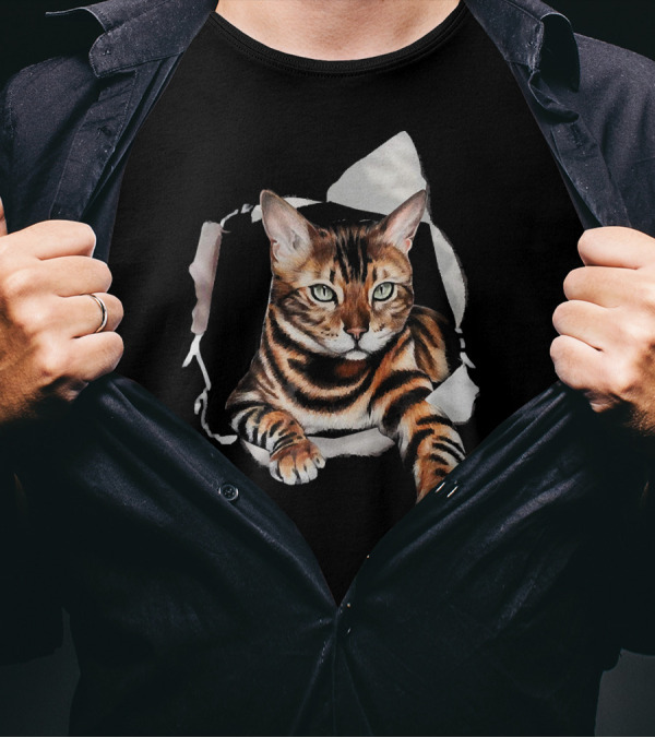 Bengal Cat Clawing Through Torn Paper Background T-Shirt