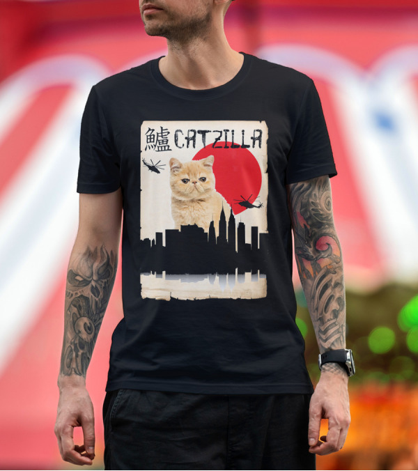 Premium T-Shirt: Exotic Shorthair Orange Cat Catzilla Japanese Skyline Helicopters Red Sun T-Shirt Exotic Shorthair Orange Cat Catzilla Japanese Skyline Helicopters Red Sun T-Shirt