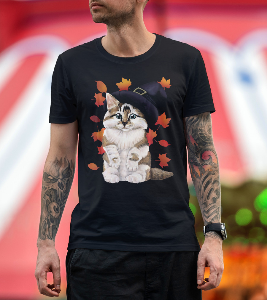 Cute Autumn Cat in a Witch Hat with Falling Leaves T-Shirt