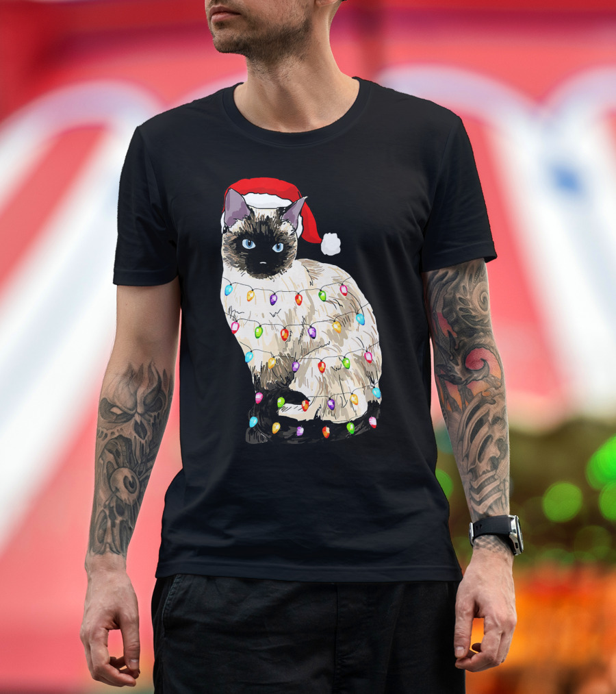 Santa Siamese Cat Wrapped in Colorful Christmas Lights T-Shirt