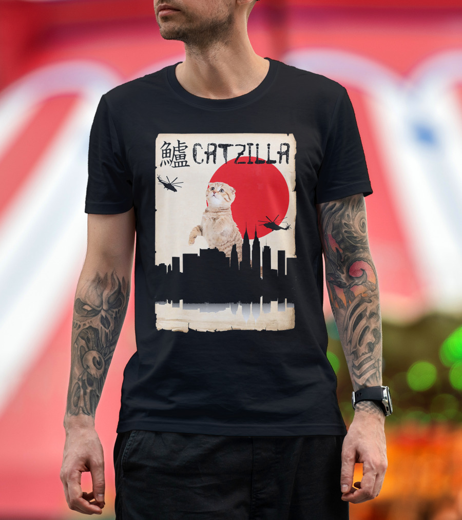 Scottish Fold Catzilla Rising Against City Skyline with Helicopters and Red Sun T-Shirt