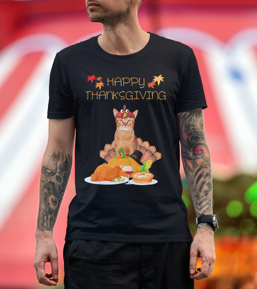 Happy Thanksgiving Day Abyssinian Cat with Turkey Feast and Autumn Leaves T-Shirt