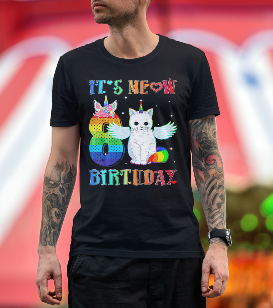 IT'S MEOW 8 BIRTHDAY Cute Kitten Kitty Cat with Unicorn Rainbow Wings T-Shirt