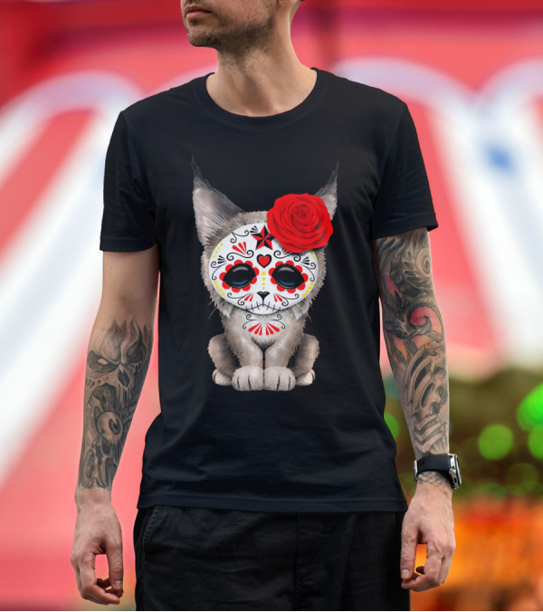 Premium T-Shirt: Sugar Skull Lynx Cub with Red Rose Day of the Dead T-Shirt Sugar Skull Lynx Cub with Red Rose Day of the Dead T-Shirt