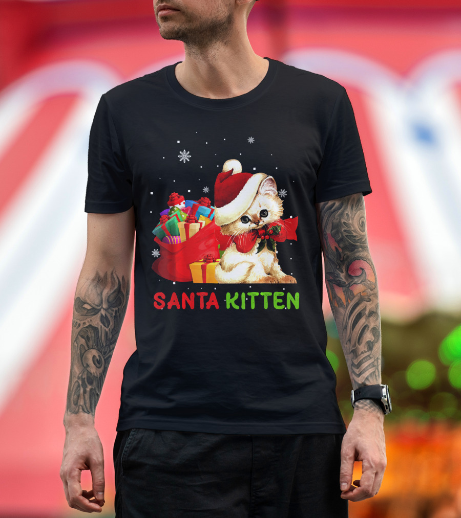 Santa Kitten with Festive Gifts and Snowflakes T-Shirt