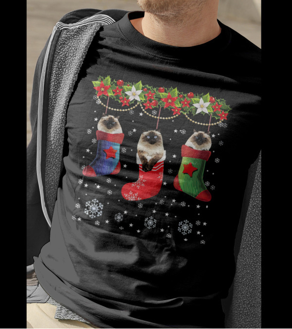Himalayan Cats In Christmas Stockings With Holly And Snowflakes T-Shirt