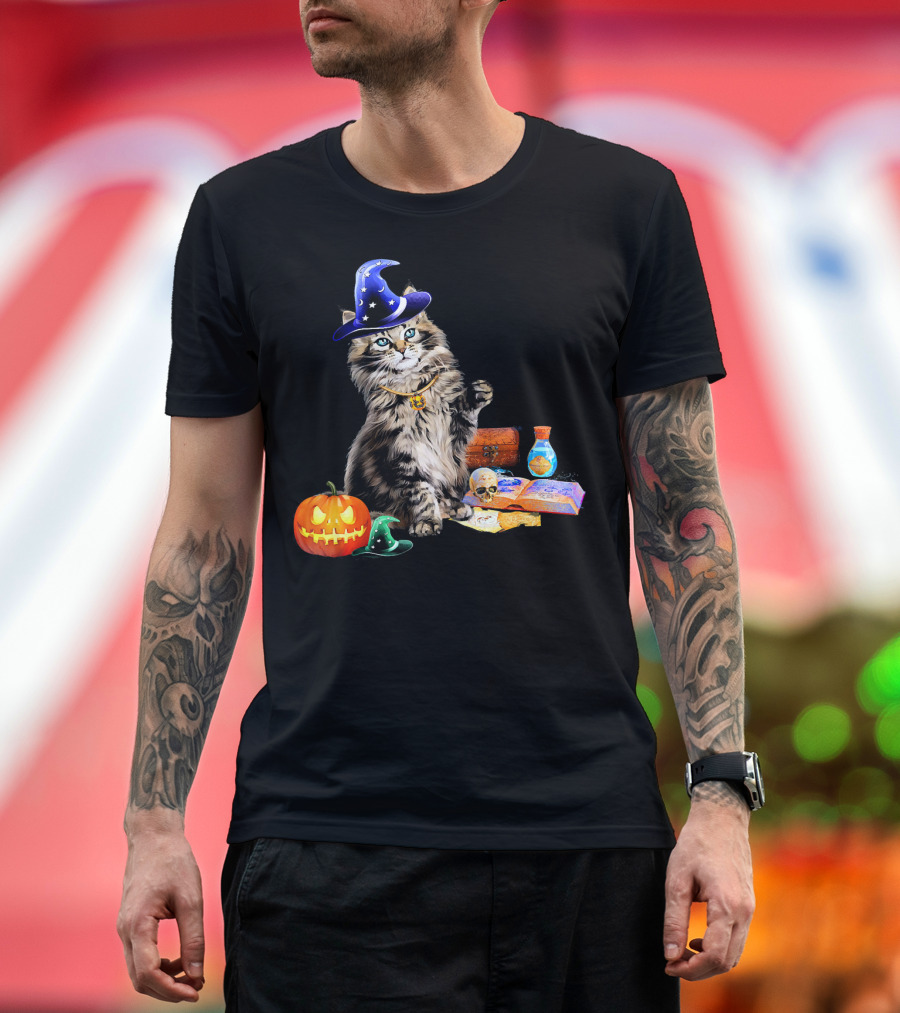 Happy Halloween Maine Coon Cat Wizard with Pumpkin and Potion T-Shirt