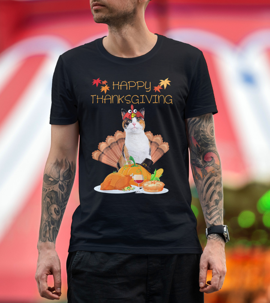 Happy Thanksgiving Calico Cat with Turkey and Feast T-Shirt