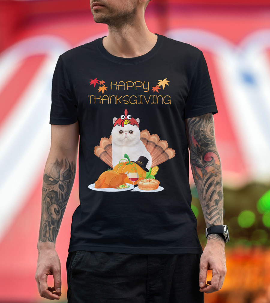 Thanksgiving Exotic Shorthair Cat with Turkey and Autumn Leaves T-Shirt