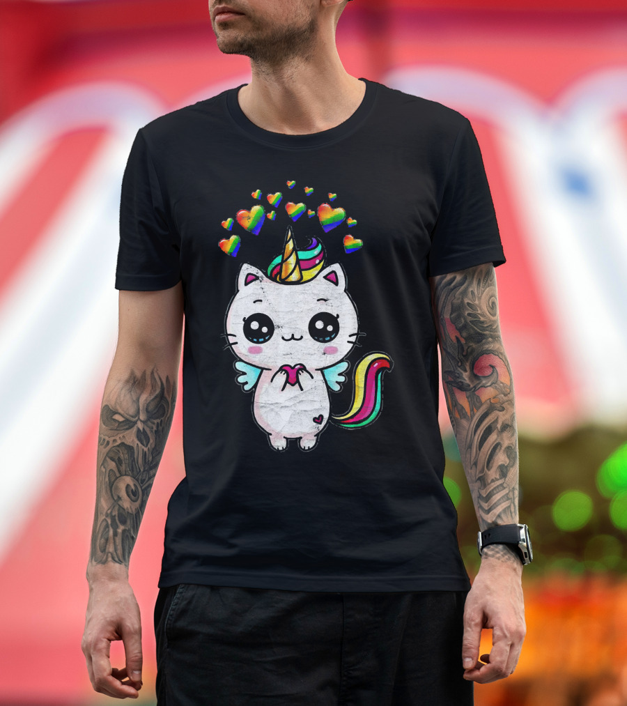 Cute Kittycorn with Rainbow Hearts and Unicorn Colors T-Shirt