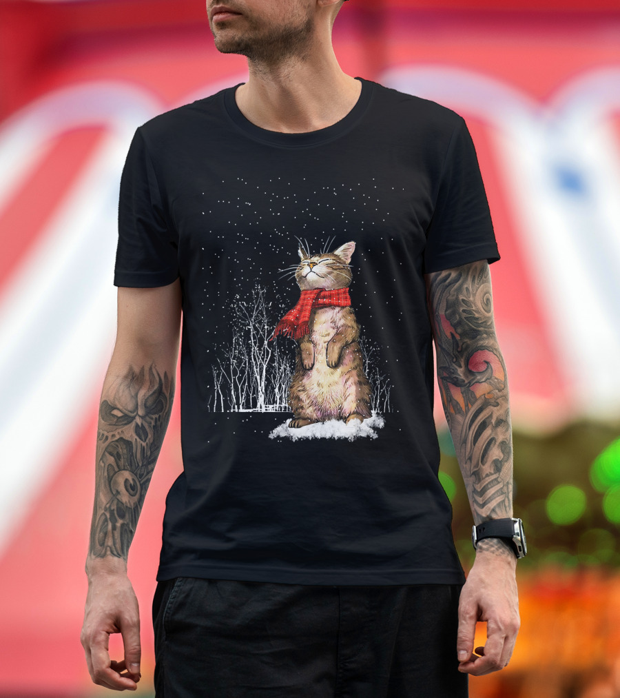 Meowy Xmas Cats Christmas Snow Kitten with Red Scarf in Winter Woodland Snowfall T-Shirt