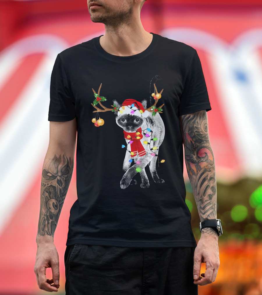 Devon Rex Cat with Christmas Lights and Reindeer Antlers T-Shirt