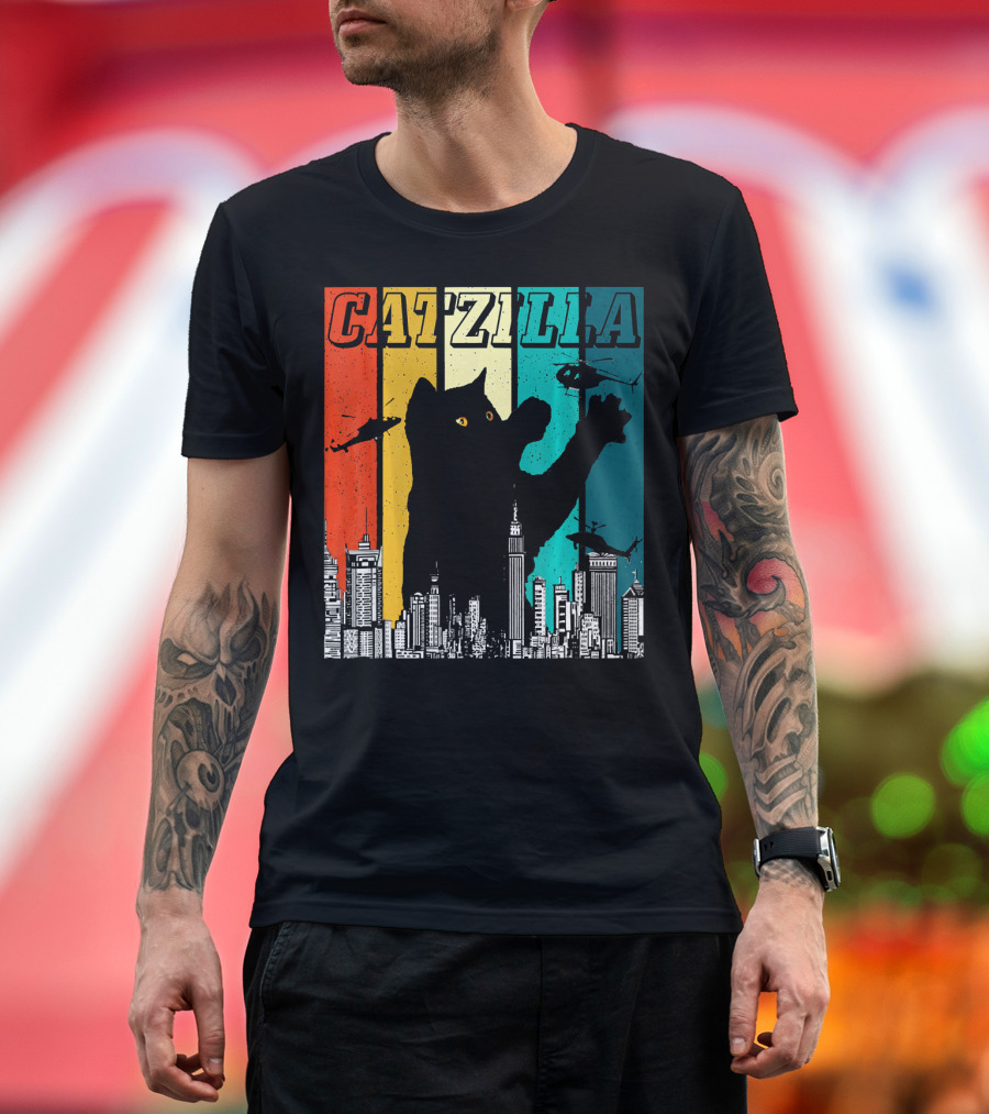 Catzilla Funny Cat Kitten Vintage Retro City Skyline Helicopters T-Shirt