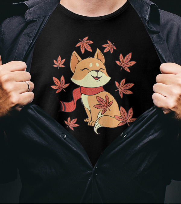 Fall Cat With Scarf Surrounded By Autumn Leaves Kitten Lover T-Shirt