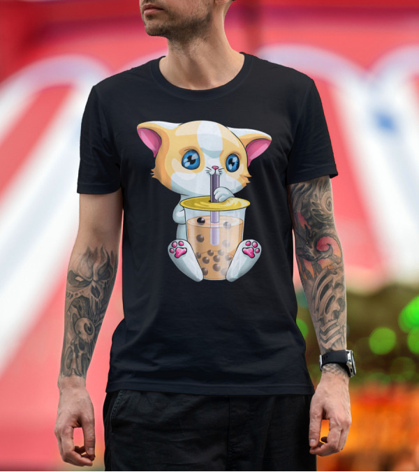 Premium T-Shirt: Kawaii Cat Enjoys Boba Tea with Bubble Drink in Cute T-Shirt Kawaii Cat Enjoys Boba Tea with Bubble Drink in Cute T-Shirt