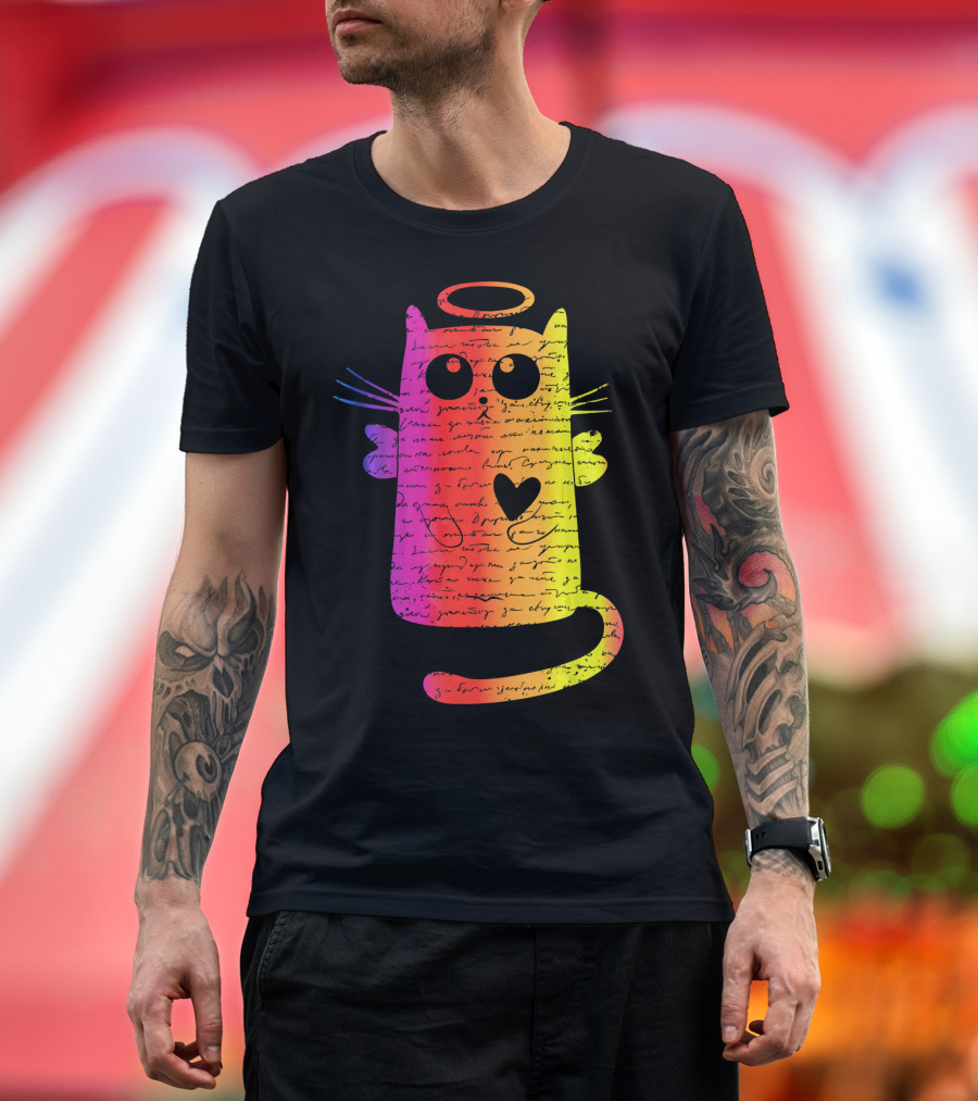 Letters Written to My Lost Kitten Ange Rainbow Angel Cat with Halo and Heart T-Shirt