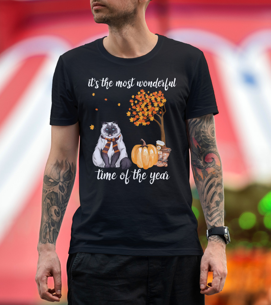 It's the Most Wonderful Time of the Year Cat Pumpkin Autumn Leaves Coffee T-Shirt
