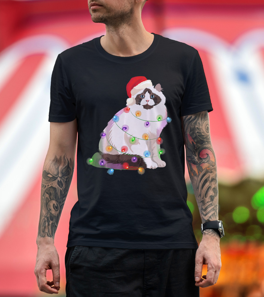 Ragdoll Cat with Christmas Lights and Santa Hat T-Shirt