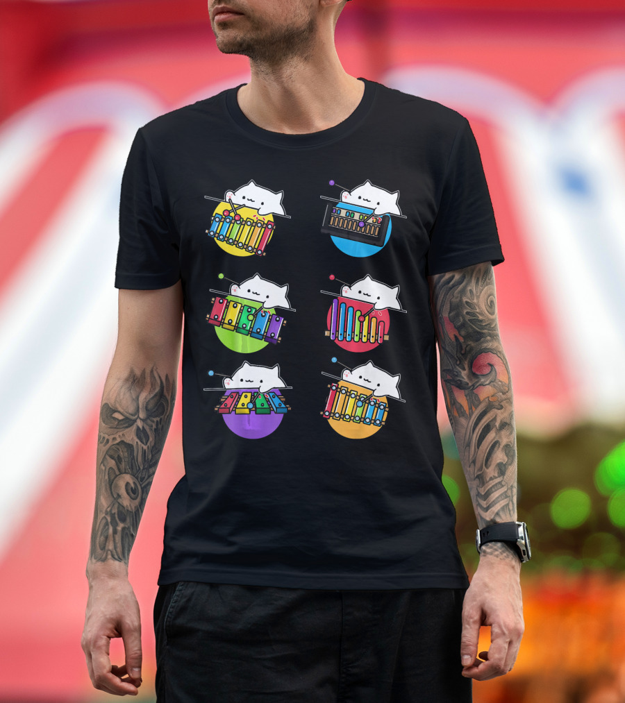 Funny Bongo Cat Meme Keyboard Drumming Cute Kitten Xylophone Music Colors T-Shirt