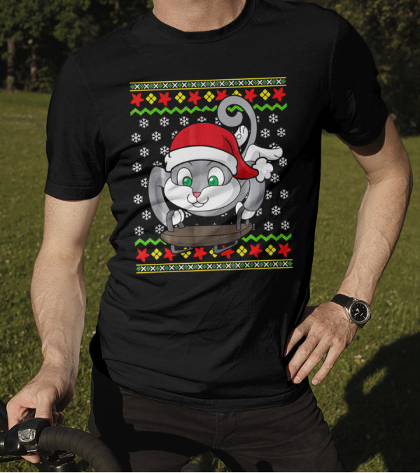 Sledding Cat Ugly Christmas Sweater Santa Hat Snowflakes Holiday T-Shirt