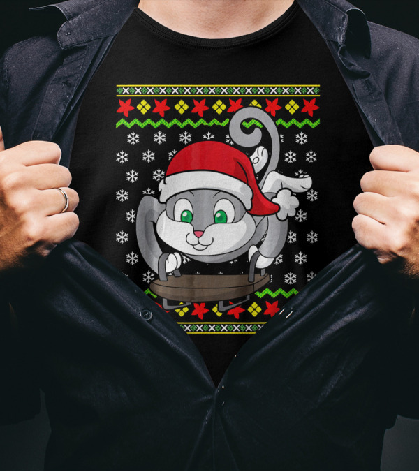 Sledding Cat Ugly Christmas Sweater Santa Hat Snowflakes Holiday T-Shirt