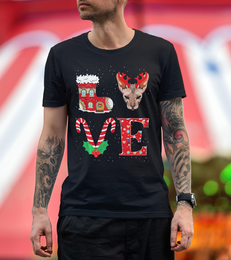 I Love Reindeer Horns Sphynx Cat Christmas Candy Cane Boot T-Shirt
