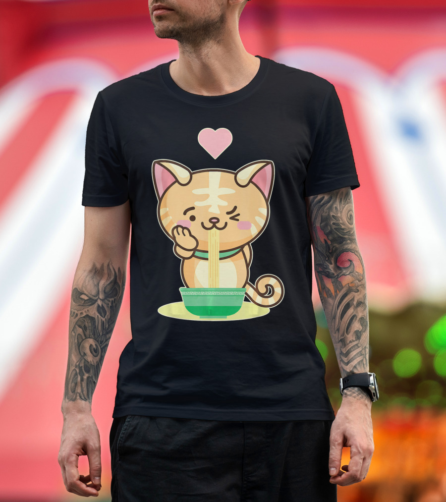 Kawaii Kitty Eating Ramen Noodles with Heart T-Shirt