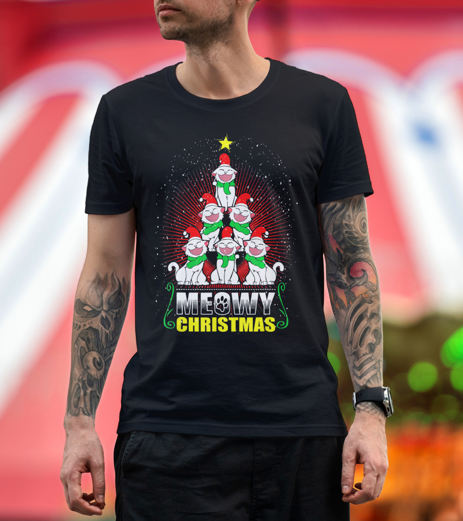 Meowy Christmas Cats in Santa Hats Holiday Tree T-Shirt