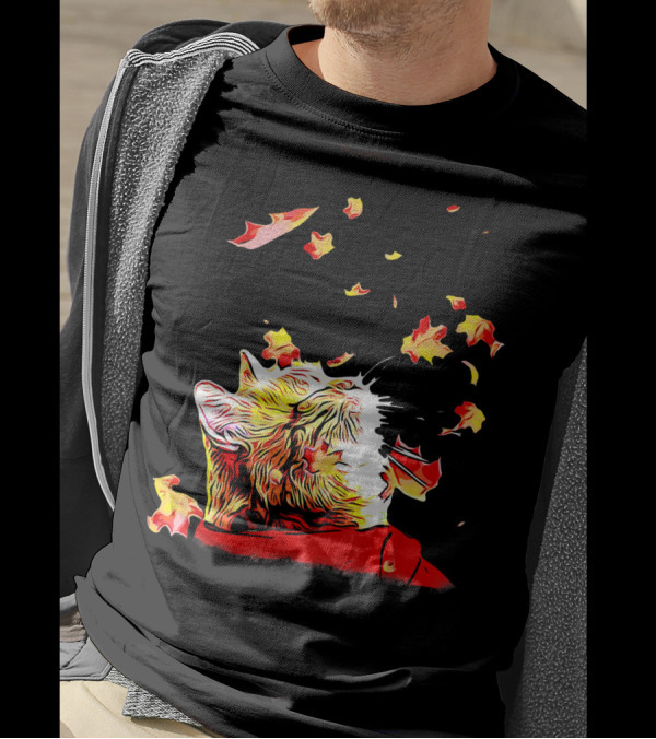 Cat And Maple Leaves Celebrating Autumn Bliss T-Shirt