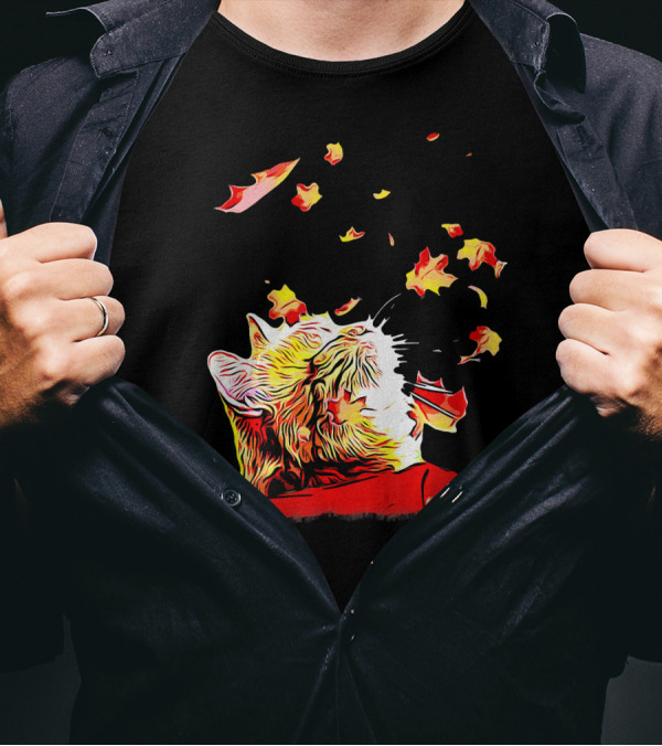 Cat And Maple Leaves Celebrating Autumn Bliss T-Shirt