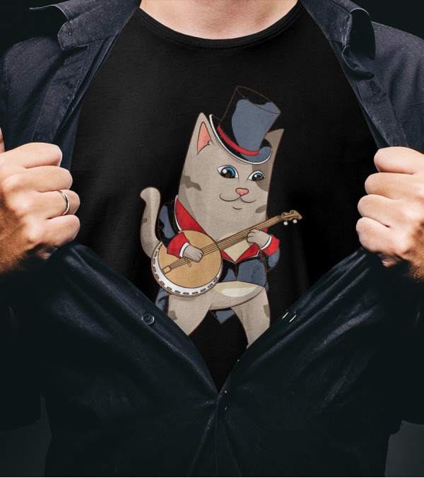 Cool Cat Playing Banjo Funny Kitten Top Hat Suit T-Shirt