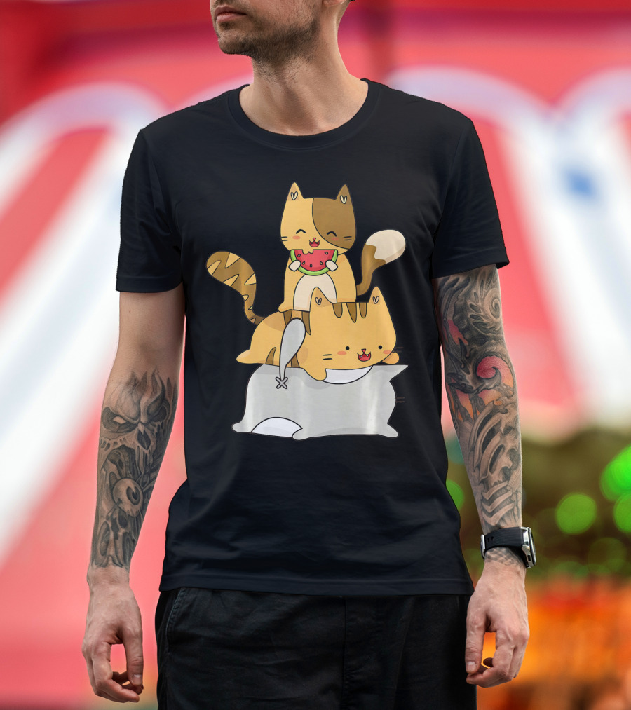 Anime Kawaii Cats Pile Meow Watermelon Pillow T-Shirt