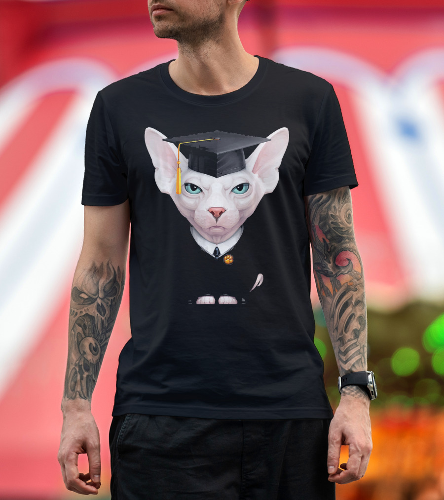 White Sphynx Cat Graduation Attire with Cap and Tassel T-Shirt
