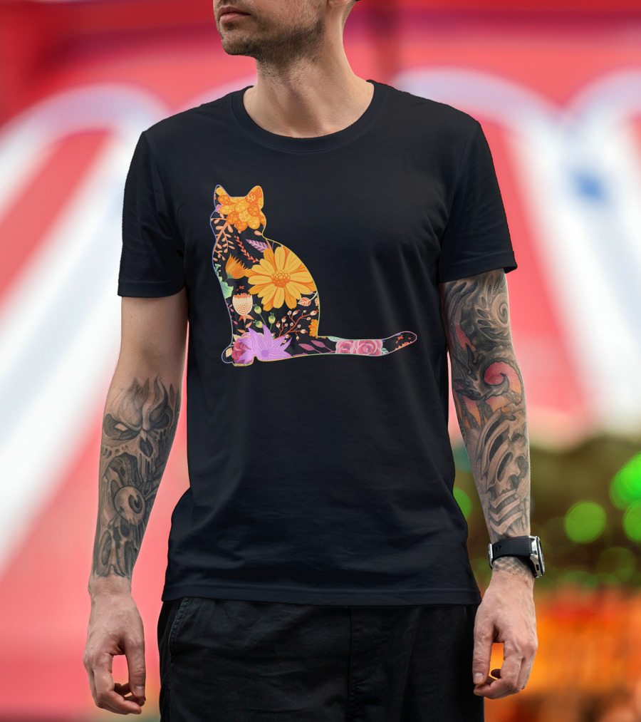 Floral Flower Vintage Retro Cat Silhouette RAGD T-Shirt