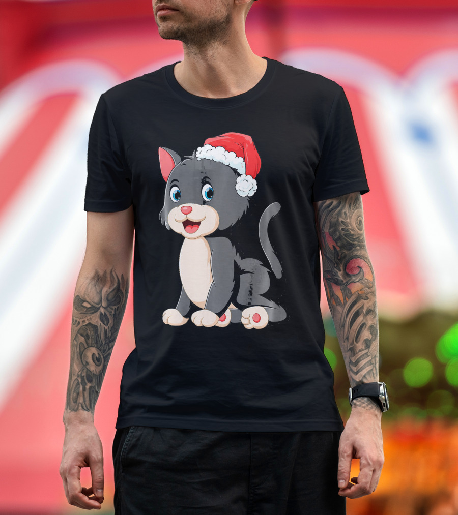 Kitten Cat Santa Hat Ugly Christmas Tree Cute Festive Cartoon T-Shirt