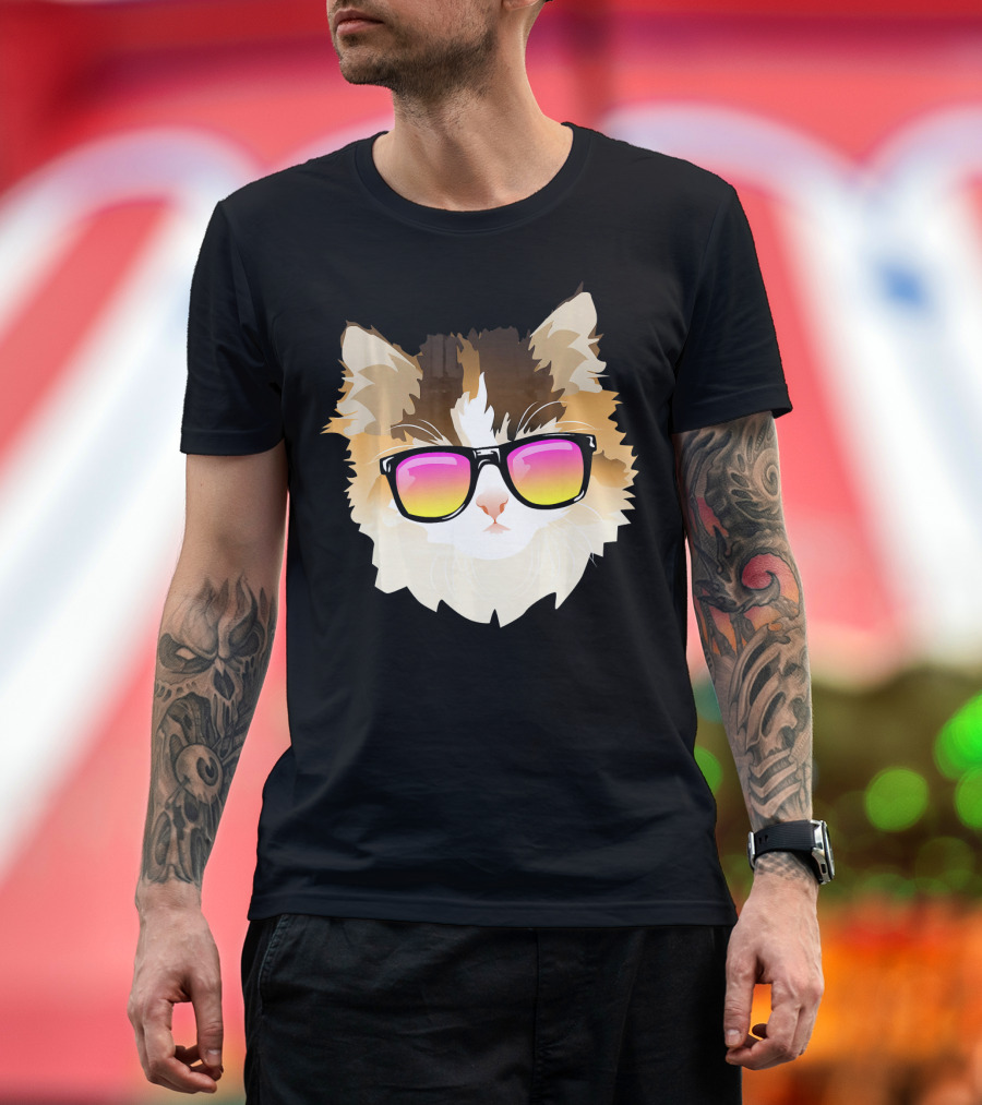 Cool Calico Cat with Gradient Sunglasses T-Shirt