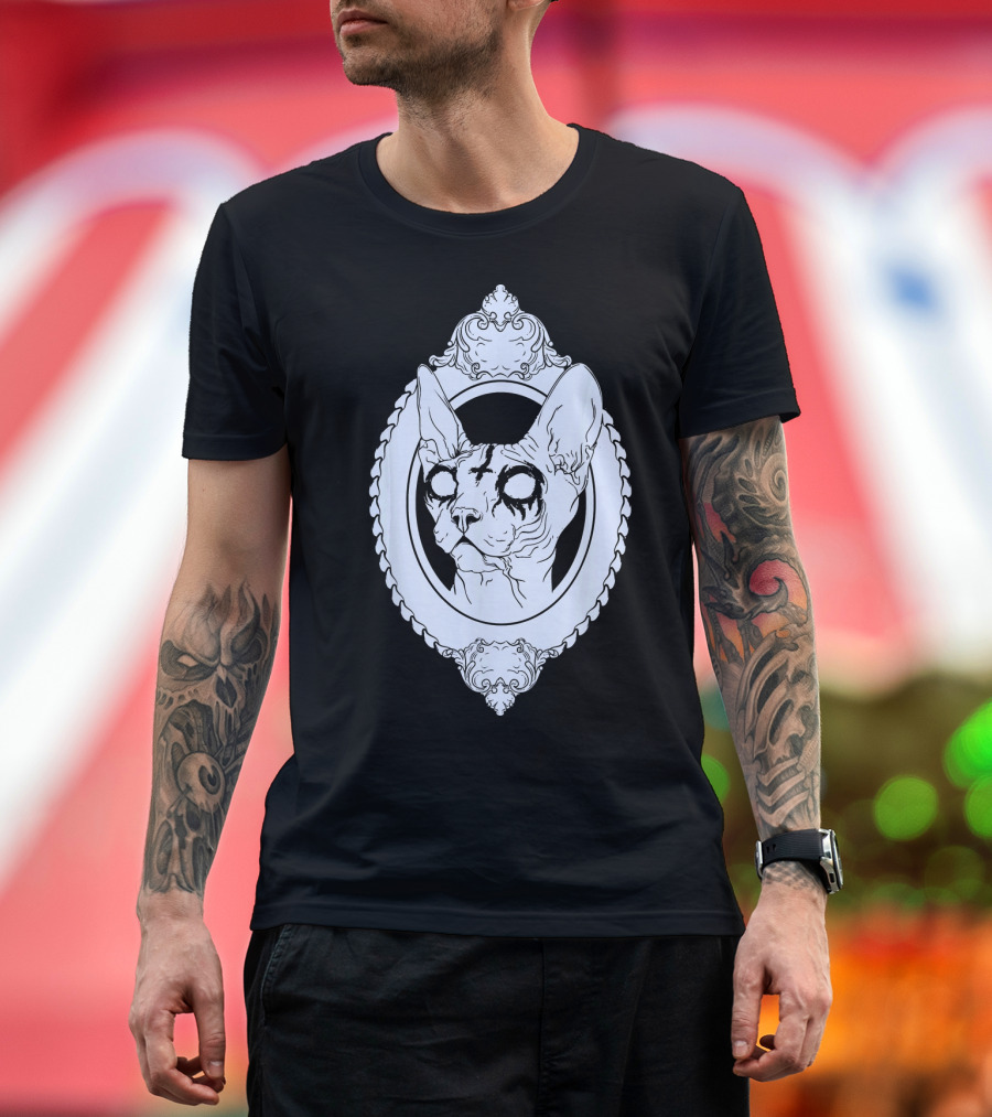 Black Metal Sphynx Cat Pastel Goth Oval Frame T-Shirt