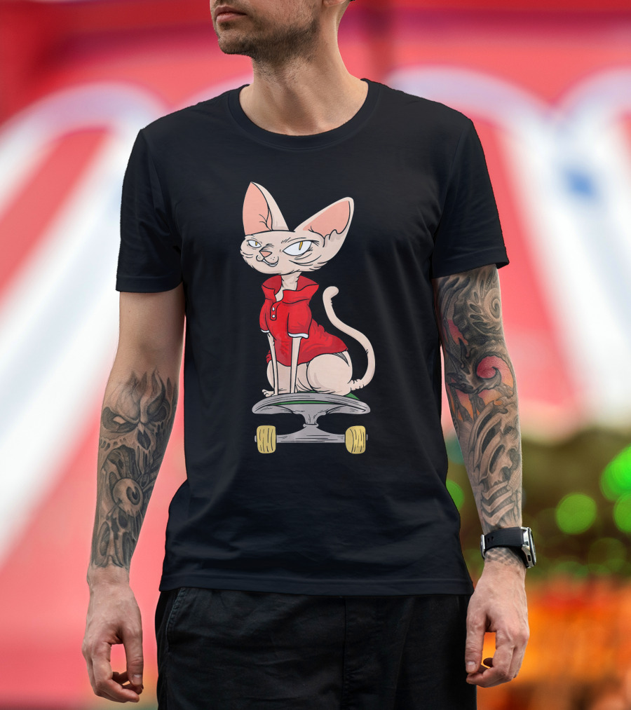 Sphynx Cat in Red Shirt Riding Skateboard T-Shirt