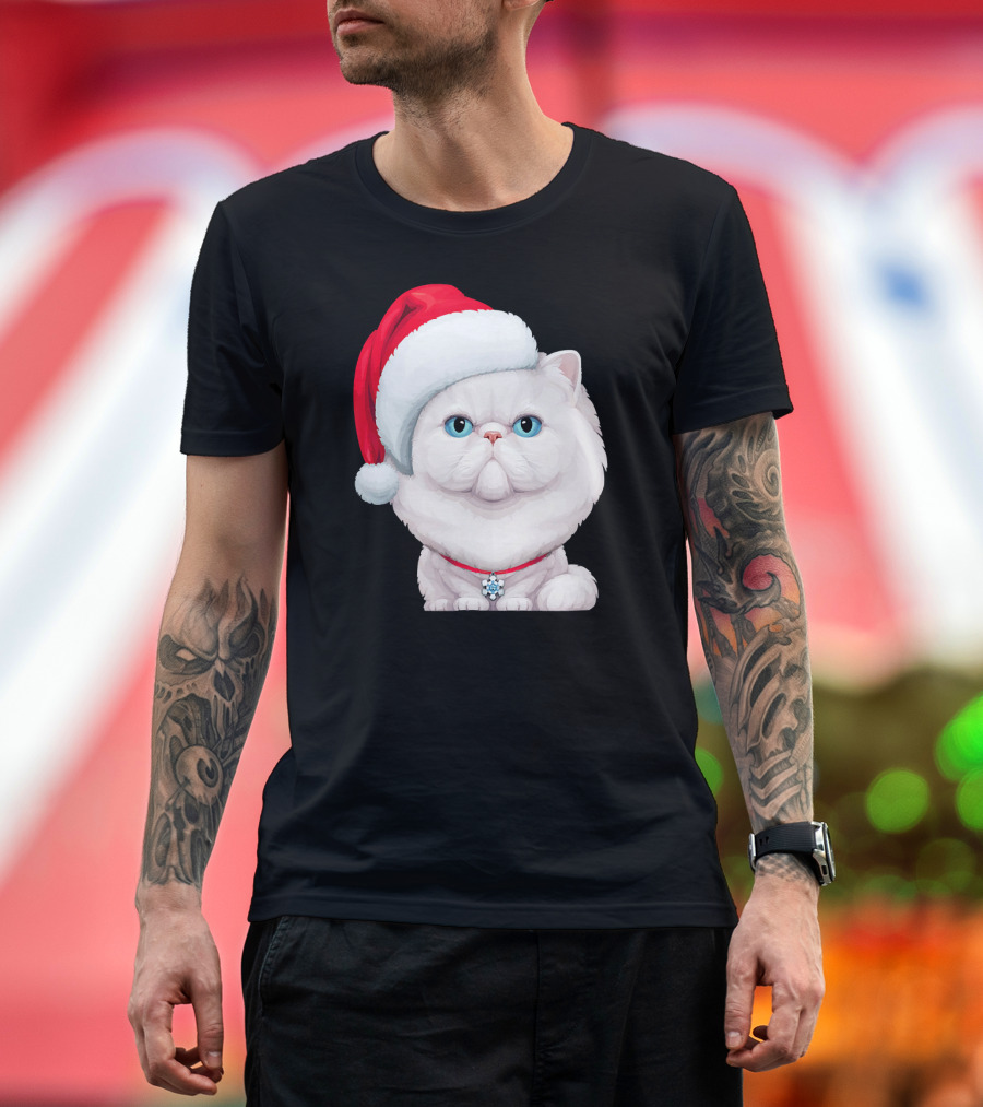 White Persian Cat in Santa Claus Hat Christmas T-Shirt