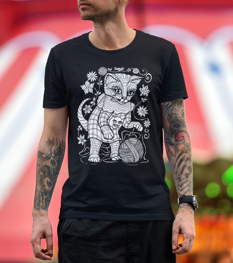 Cat with Yarn and Flowers in the Garden Knit Playful Scene T-Shirt