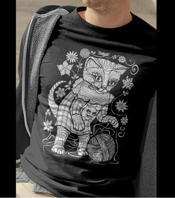 Cat With Yarn And Flowers In The Garden Knit Playful Scene T-Shirt