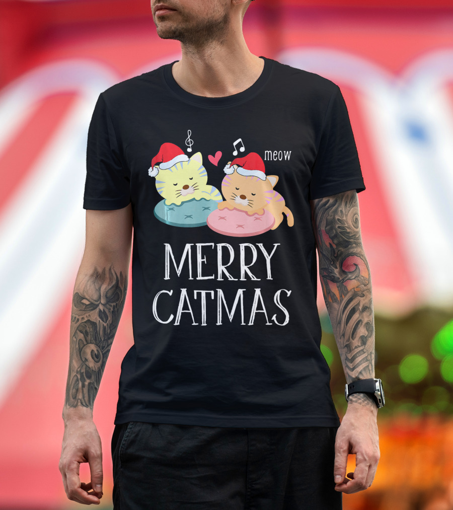 Merry Catmas Meow Cute Kitten Cat Lover Santa Hat Heart Notes T-Shirt