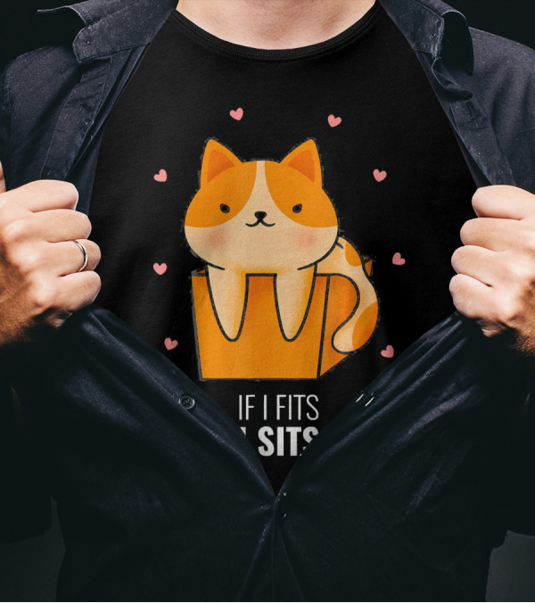 If I Fits I Sits Cat In Box Kitty Surrounded By Hearts T-Shirt