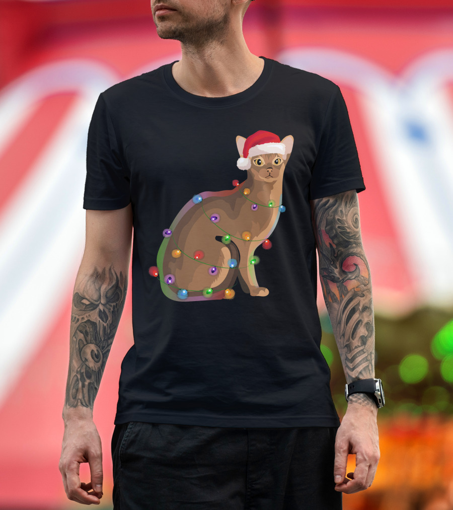 Abyssinian Cat Wrapped in Christmas Lights with Santa Hat T-Shirt