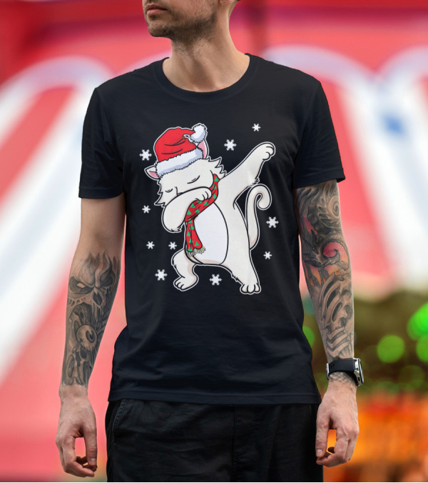 Premium T-Shirt: Dabbing Dab White Cat Kittens Christmas Santa Hat Scarf T-Shirt Dabbing Dab White Cat Kittens Christmas Santa Hat Scarf T-Shirt